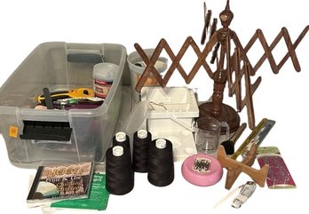 Crafting Supplies And Wood Stand, Thread, Needles Measuring Tape, Scissors