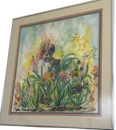 Framed Watercolor Child In Flowers, 19x20