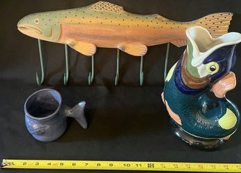 Fish Pitcher, Coffee Mug & Coat Rack With Hooks.