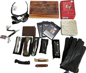 Pocket Knives (9in), Multi Tools, Large Gloves, Glasses, Wallets & Trunk Tie Down