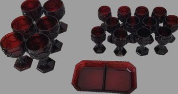 Vintage Avon Red Glass Goblets 6 Large And 12 Small And Serving  Tray Great For Entertaining Guests.