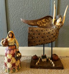 Wooden Woman Holding Chicken And Eggs (8.25) Angel On Stand With Pumpkins And House (14in Tall) By Jim Shore