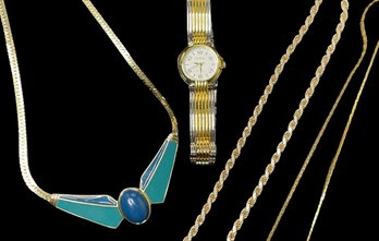 Fashion Jewelry: Chains, Pendant, And Geneva Watch. Watch Is Untested.