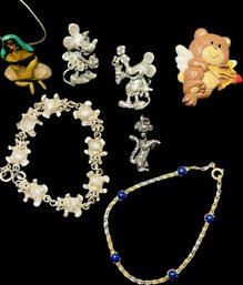 Mickey Mouse & Minnie Lapel Pins. Teddy Bear Pin & Bracelet. Tigger Pendant. Resin Troll & Goldtone Chain