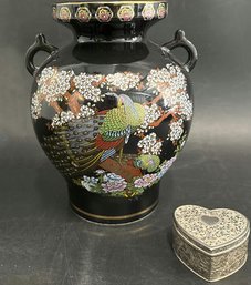 Japanese Porcelain Vase In Peacock Motif Vase And Heart-shaped Trinket Box