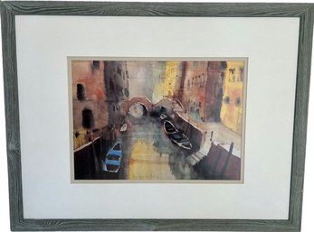 European Canal Themed Watercolor Print Signed By Artist-Framed Without Glass (34x26)