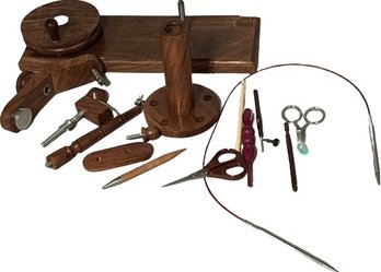 Wood Yarn Winder, Various Knitting Tools And Scissors