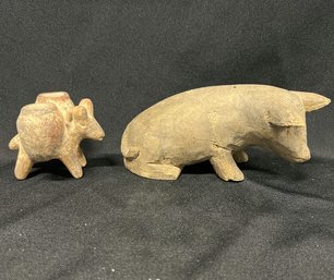 Wooden Pig Statue & Ceramic Donkey Statue