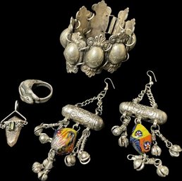 Sterling Bracelet And Sterling Rabbit Ring, Pierced Earrings With Gemstones & Bells, Quartz Pendant