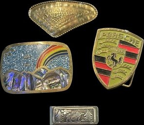 Metal Belt Buckles And A Money Clip, Silvertone