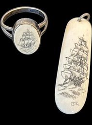 Scrimshaw Ship Pendant And Ring, Appears To Be Antler, No Stamp On Ring, Does Not React To Magnet