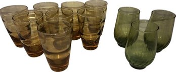 Vintage Drinking Glasses, 8 Amber, 3 Green - 5' Height