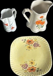 Matching Pitchers With Flowers. Vintage Decorative Plate.