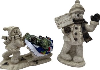 Outdoor Snowman Decor With A Welcome Sign (22 H) & Sled (12 H)