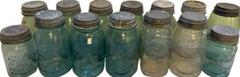 Assorted Vintage Blue Tint & Clear Mason Jars- Largest Are 7 In Tall, 3.5in Wide