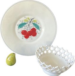 Milk Glass Basket, Serving Platter, Basket & Glass Pear.