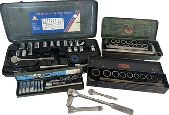 Four Vintage Metal Tool Boxes With Tools.