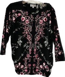 JM Collection Ladies Blouse , Extra Small, Polyester, Black Background With Silver Beads Flower Design