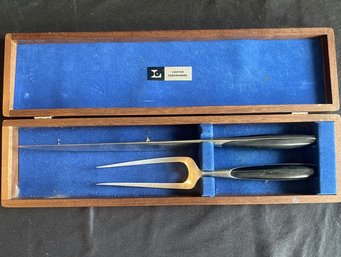 Lauffer Carving Knife And Fork Set With Black Handles In Wooden Box.