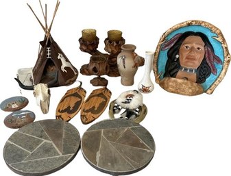 Collection Of Native American Themed Decor Including Pottery, TeePee Lamp (doesnt Turn On, 11in & More