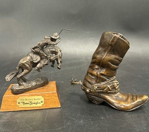 Bronco Buster Sculpture 'The Bronco Buster' By Frederic Remington And Bronze Cowboy Boot - 5in Tall