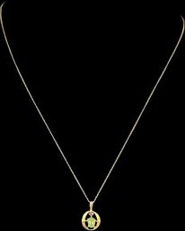 14K Gold Necklace With Green And Red Stone Pendant