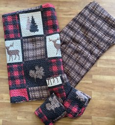 Log Cabin Theme 2 Quilts And 3 Pillow Shams, Black, Red, Brown, Pillow Sham Is 25 X 20'