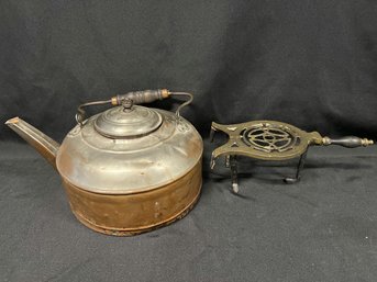 Brass Trivet & Large Copper Kettle