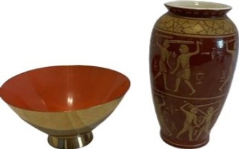 Orange & Brass Tone Bowl (7 D) & Vase (8 H)