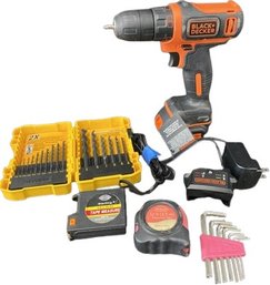 Black And Decker Drill With Battery And Charger (Tested), DeWalt Drill Bit Set And Additional Tools