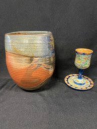 Tlaquepaque Plate W/ Matching Cup & Hand Painted Ceramic Pot