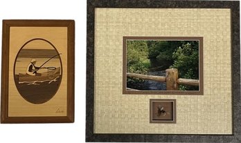 Fishing Themed Artwork. Wood Inlay & Photograph With Fly. 6.5x9.5 & 13x14