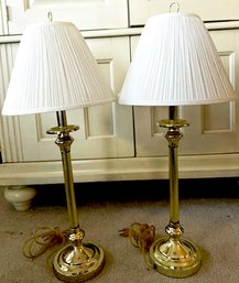 Two Gold Brass Base, Table Lamps, Long And Skinny 27in