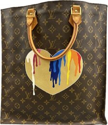 Louis Vuitton Sac Plat Tote Bag With Painted Heartdesign By New Vintage- 14Lx3.5Wx15H, Visible Creasing Inside