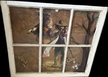 Cowboy Western Print Behind An Antique Window. Dried Flowers Along The Bottom. 27' H X 31' Long
