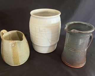 Two Pottery Pitchers & Pottery Vase.