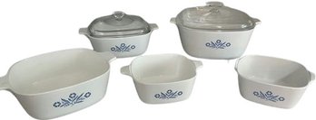 Five Corningware Dishes, Some With Lids.