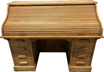 Wood Roll Top Desk, 55x26x45H, On Wheels, Damage In Picture