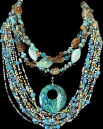 3 Necklaces, Multi Strand Beaded, Shell