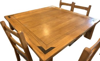 Large Wooden Table With 8  Upholstered/Wooden Stools (upholstery Shows Wear On Edges)