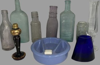 Vintage Glass Bottle/Vase Set & A Vintage Baby Dish