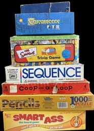 (7 Pieces) Board Games, Including Sequence, Carcassonne, The Simpson Trivia Game And Many More