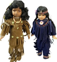 Two American Indian Themed Dolls On Stands (15.5 & 14in Tall)