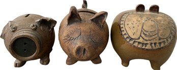 Pottery Piggy Banks - Largest Is 6.5 Long X 5.5 Tall, Small Chips (missing Ear)