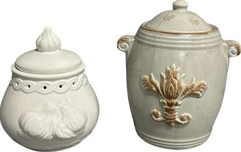 Stoneware Garlic Keeper And Ceramic Cookie Jar With Repaired Cracked Lid