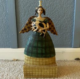 Wooden Angel Holding Pig Figurine (10.75in Tall)