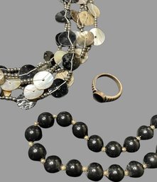 Necklaces With Black Beads & Gold Accents And Natural Stone Various Soft Brown Tones. Ring With Black Gemstone