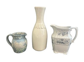 Porcelain Johnson Bros (7x4x7) And Unbranded Pitcher (5.5x3.5x5) With Unbranded Milk Bottle Vase (4x4x12)