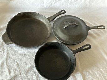 3 Cast Iron Pans, 1 Lid