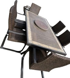 Outdoor/Patio Table: Stone/Metal With 6 Chairs - Table (L80 W42 H29.5) 6 Chairs(L24 W24.5 H42)